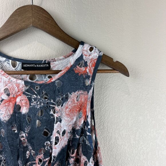 Hemant Nandita Dress Women 4 Pink Blue Eyelet Sleeveless Spring‎ Romantic - Picture 3 of 9